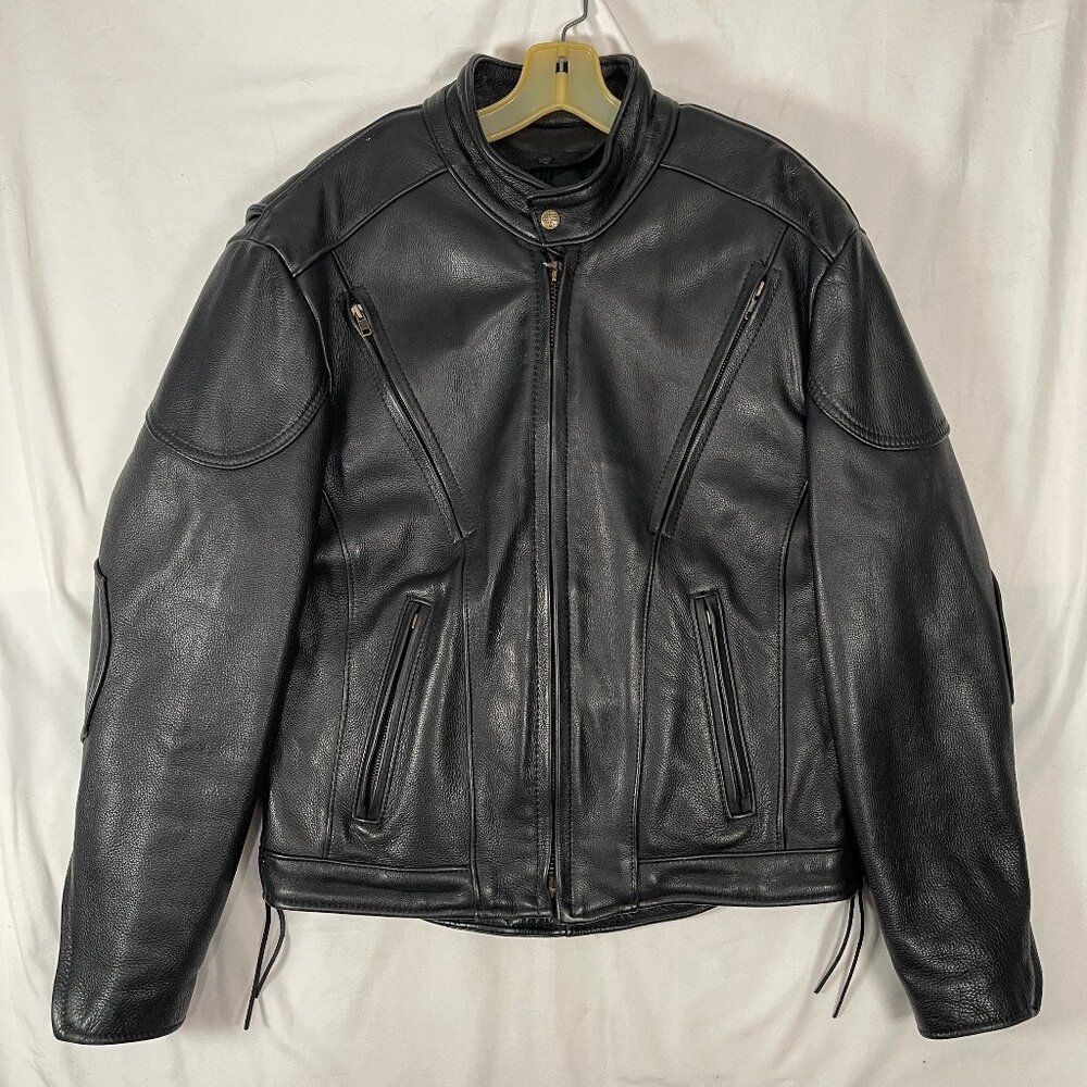 US Made Co. Men’s Heavy Black Leather Biker Jacket Size 42 Flames Eagle Patch